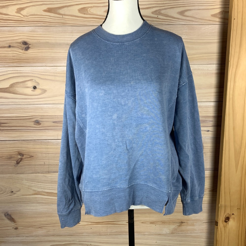 Sincerely Jules Sweatshirt Women Large Blue Waffle Knit Mineral Wash Mixed Media